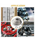 Ultra Thin Stainless Steel Flat Washer Set Pro Grade M2 To M10, 720-Piece Shim Gasket Assortment For Distributing Pressure, Preventing Loosening, And Fixing Fasteners In Mechanical, Construction, Automotive, And DIY Projects. Application collage with stainless flat washers in hinge, bolts, wheel, and engine