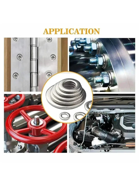 Ultra Thin Stainless Steel Flat Washer Set Pro Grade M2 To M10, 720-Piece Shim Gasket Assortment For Distributing Pressure, Preventing Loosening, And Fixing Fasteners In Mechanical, Construction, Automotive, And DIY Projects. Application collage with stainless flat washers in hinge, bolts, wheel, and engine