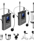 Wireless System With Dual Headset And Lavalier Mics, Bodypack Transmitters, and Mini Receiver set with cables and accessories.