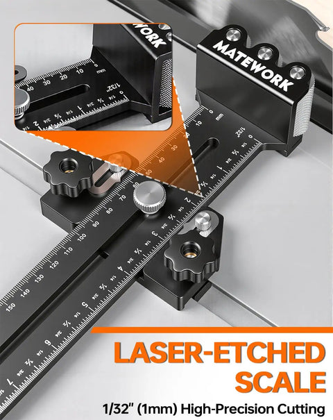 Pro Shop Grade Thin Rip Jig For Table Saw Featuring three heavy duty rollers and universal miter slot adapter showing laser-etched scale for precision cutting.