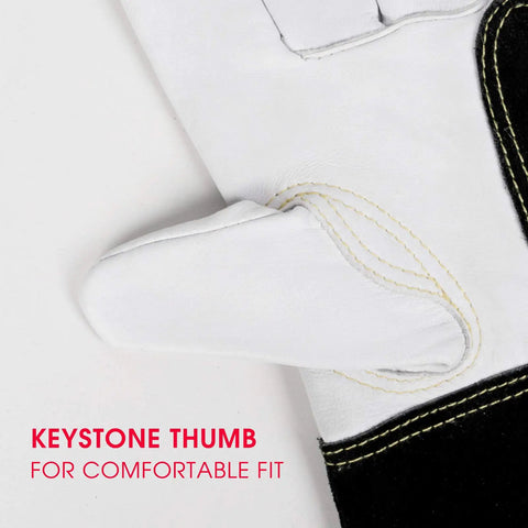 Close-up of Goatskin TIG Welding Gloves with high dexterity and durable Kevlar reinforced stitching showing keystone thumb design.