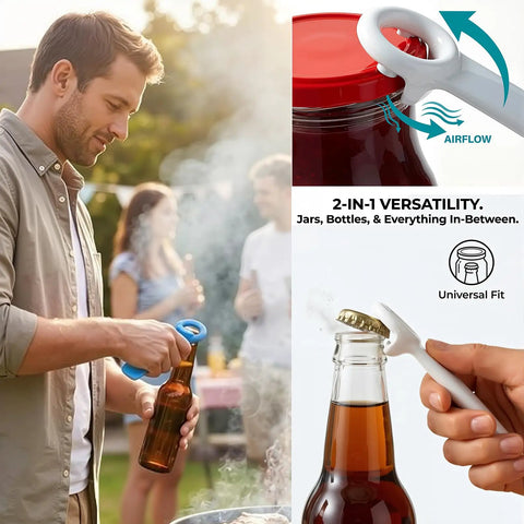 6 Pack Jar Lid Opener Tool Set Featuring Long Lever Handle To Pop Loose Stubborn Vacuum Seals Effortlessly Delivers No Sweat Kitchen Grip Assist For Seniors With Relaxed Twist Action in use on jars and bottles.
