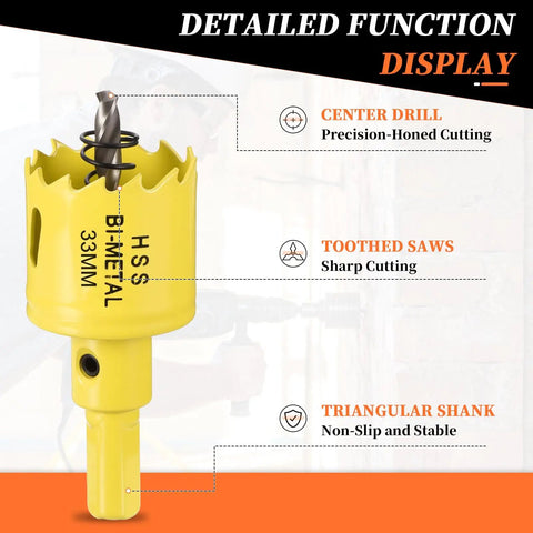 Beefy Bi Metal Hole Saw One And Five Sixteenths Inch M42 HSS Circular Head With Center Drill Bit, detailed features displayed