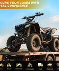 ATV secured on truck with Heavy Duty Self Retracting Ratchet Straps 1 Inch By 10 Feet 1650 Pound Break Strength 4 Pack