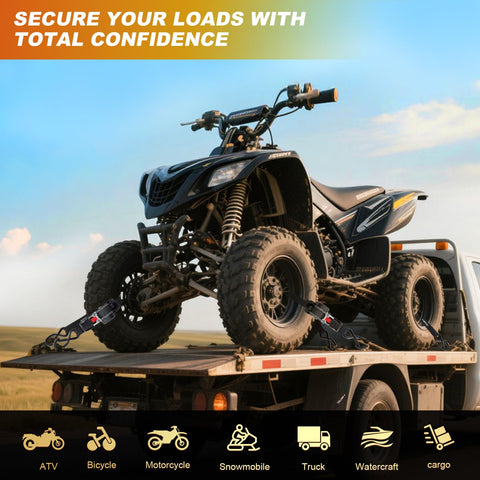 ATV secured on truck with Heavy Duty Self Retracting Ratchet Straps 1 Inch By 10 Feet 1650 Pound Break Strength 4 Pack