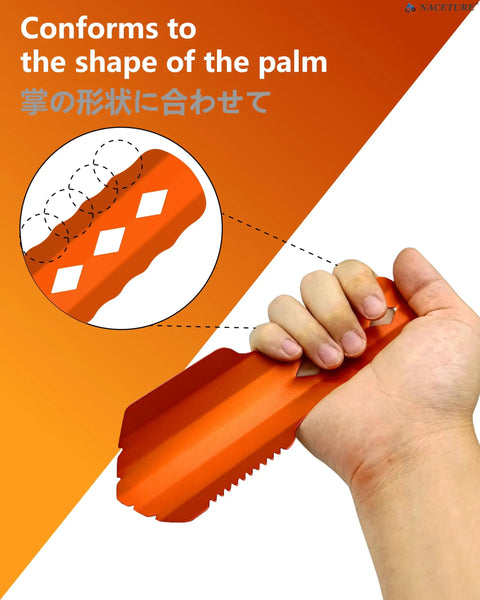 Hand holding Backpacking Trowel Aluminum Shovel With Longer Handle For Ultralight Hiking And Camping, ergonomic grip view.