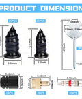 Dimensions of components in 57 Piece Tire Plug Kit with Tire Repair Rubber Nails Screwdriver and Valve Core Tool Kit for Quick Roadside Tire Repair includes 40 Plug Nails in Two Sizes 10 Valve Cores 5 Dust Caps and a Multifunction Screwdriver for Cars Trucks and Motorcycles shown.