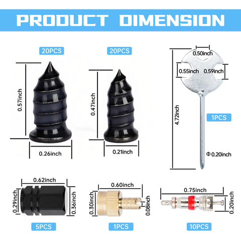 Dimensions of components in 57 Piece Tire Plug Kit with Tire Repair Rubber Nails Screwdriver and Valve Core Tool Kit for Quick Roadside Tire Repair includes 40 Plug Nails in Two Sizes 10 Valve Cores 5 Dust Caps and a Multifunction Screwdriver for Cars Trucks and Motorcycles shown.