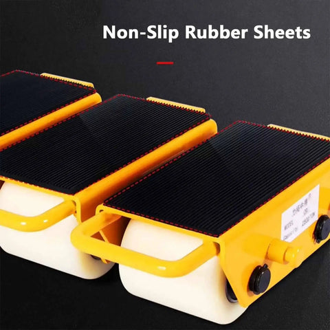 Rock Solid Nylon Wheel Combo Machinery Skate Dolly With Handle For Straight Up Heavy Gear Hauling Modular Roller Skates, close view of non-slip rubber surface.