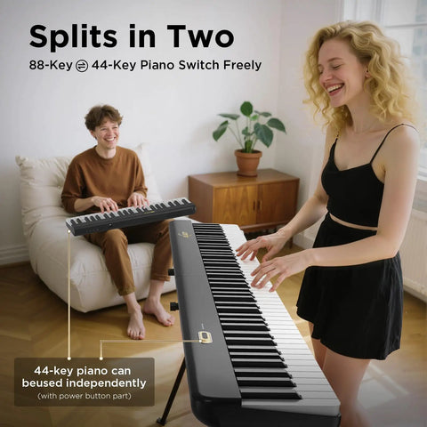 Two people playing 88 Key Magnetic Split Piano Keyboard, Detachable Travel Electric Piano For Beginners in a living room