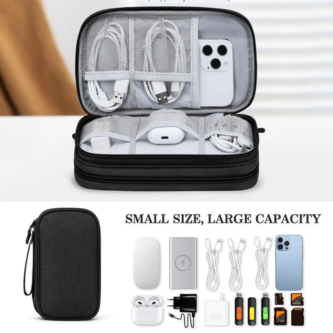 Open view of Electronic Organizer Travel Case for Cables and Gear, showcasing storage with chargers and cords inside