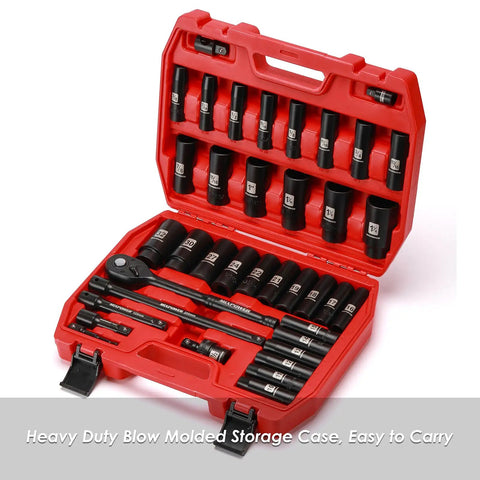 38 Piece One Half Inch Drive Deep Impact Socket Master Set With 10 Inch Quick Release Ratchet And Accessories, SAE And Metric Deep Sockets