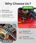 Comparison of mower pulley systems: "Before Use" with worn parts, "After Use" with TimeMaster 30 Inch Mower Idler Pulley And Belt Kit.