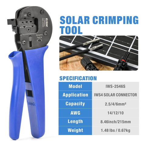 Close-up of IWS-2546S from Solar Crimping Tool Kit For Solar Panel Installation with blue handle, tool specs shown.