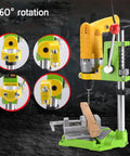 Heavy Duty Drill Press Stand With Clamp Support Tool 360 Rotation And 60mm Stroke For Wood Aluminum Iron Adjustable Bench Mount Steel Pipe For Pro Grade Precision Work, featuring drilling angles and adjustable clamp.