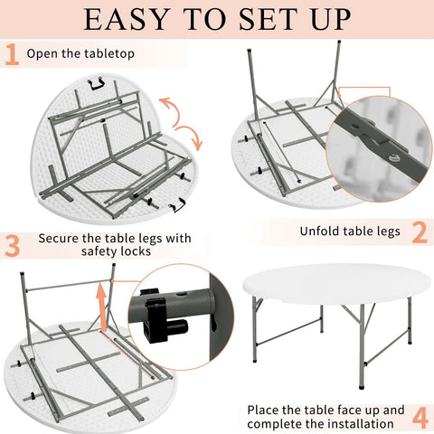 Step-by-step setup guide for 5 Ft Round Folding Table With Carrying Handle, Heavy Duty Portable Plastic Top, Sturdy Steel Legs
