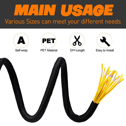 Braided Split Sleeve Cable Management For Cars And Home, Self Wrapping Twelve Foot Half Inch Wire Loom Protector, High Temp Durable Cord Cover