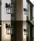Built Different Matte Black Outdoor Wall Lights With Dusk To Dawn Motion Sensor And Water Glass Shade waterproof lantern in day and night settings.