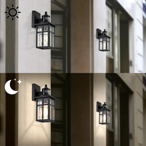 Built Different Matte Black Outdoor Wall Lights With Dusk To Dawn Motion Sensor And Water Glass Shade waterproof lantern in day and night settings.