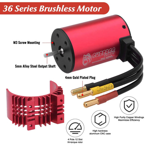 Surpass Hobby 3660 Brushless Motor With 60A ESC Combo for 1 to 10 RC Cars and Trucks waterproof power system, red aluminum heatsink