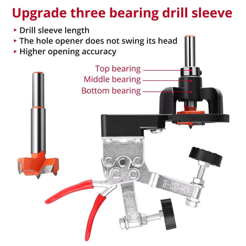 Close-up of 35mm Concealed Door Hinge Jig for Precise Cabinet Installations with Pro Grade Aluminum Frame