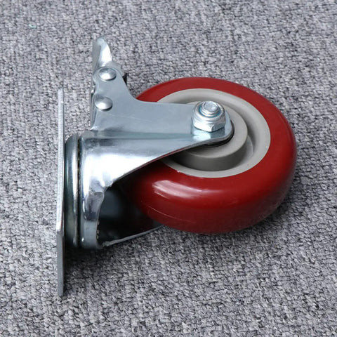 Red Swivel Caster Wheels TPR Metal 2pcs, with Brake 360 Degree view showing red wheel and metal bracket on gray background.