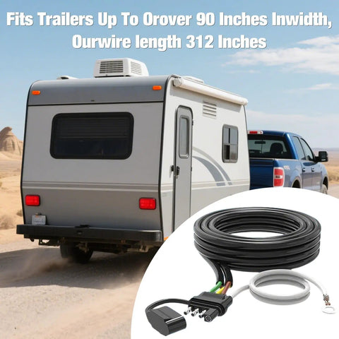 26 Foot 4 Pin 5 Wire Trailer Wiring Harness Kit For Boat Trailers With 5 Wire Flat Connector next to RV in sandy desert.