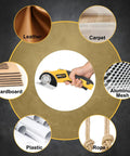 Heavy Duty Cordless Electric Scissors And Cardboard Cutter For Fabric, Plastic, Wood And Wrapping Paper With Safety Lock And LED Light in use on various materials.