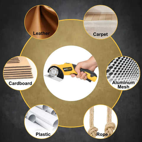 Heavy Duty Cordless Electric Scissors And Cardboard Cutter For Fabric, Plastic, Wood And Wrapping Paper With Safety Lock And LED Light in use on various materials.