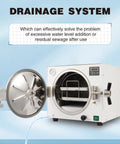 Front view of a white 18L lab autoclave sterilizer with open circular door, stainless steel chamber, and LED display