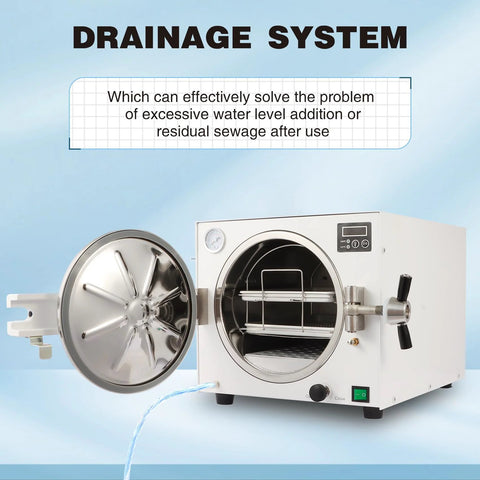 Front view of a white 18L lab autoclave sterilizer with open circular door, stainless steel chamber, and LED display