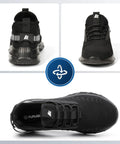 Collage showing Lightweight Steel Toe Shoes For Men And Women With Air Cushion Comfort, Slip Resistant Work Sneakers, in black.