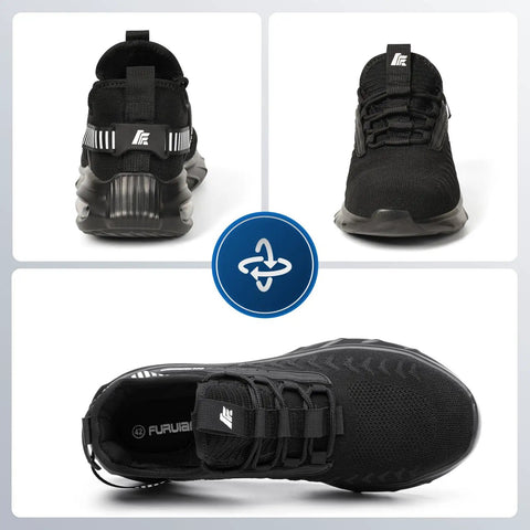 Collage showing Lightweight Steel Toe Shoes For Men And Women With Air Cushion Comfort, Slip Resistant Work Sneakers, in black.