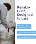 Man demonstrates 2-In-1 Raised Toilet Seat With No-Slip Removable Padded Arms For Easy Sit And Stand, 5-Inch Height Increase, Secure Locking Attachment, Durable Comfort, Elevated Bathroom Safety Aid For Standard Toilets.