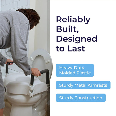 Man demonstrates 2-In-1 Raised Toilet Seat With No-Slip Removable Padded Arms For Easy Sit And Stand, 5-Inch Height Increase, Secure Locking Attachment, Durable Comfort, Elevated Bathroom Safety Aid For Standard Toilets.