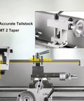 8x14 Inch Metal Lathe Machine With 650W Motor And Adjustable Speed Up To 2250 RPM showing precise tailstock and measuring details.