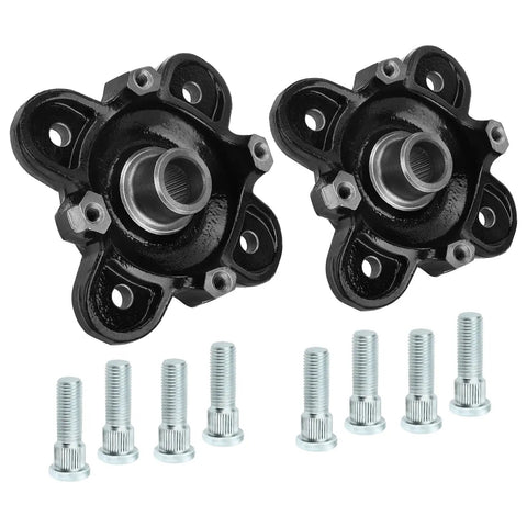 New Badass Front Wheel Hub Assembly With Wheel Studs Pair Ready Fast Swap For Polaris Ranger 570 900 1000 Diesel HST Evo Full Size UTV Off Road Trails, aluminum hubs with black finish and wheel studs.