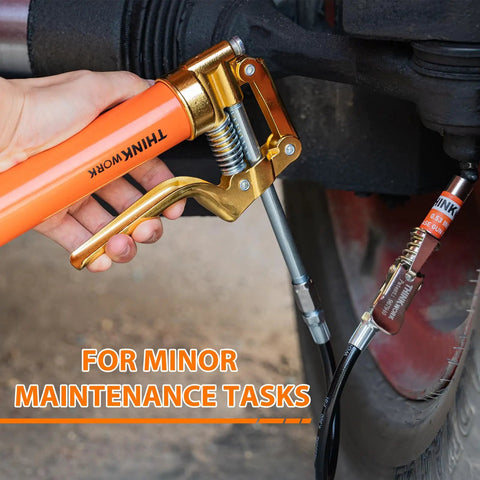 Mini Grease Gun Kit For 3 Oz Tubes With 3000 PSI Pistol Grip Lube Gun And Half Inch Coupler With Needle Nozzles shown in use