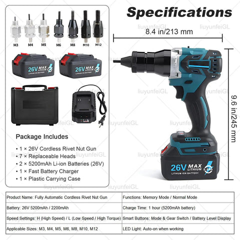 Ultimate 26V Cordless Rivet Nut Gun Kit With 7 Swappable Heads For M3 To M12 Fastening Plus Dual Batteries And Smart Features For pros, with case and charger