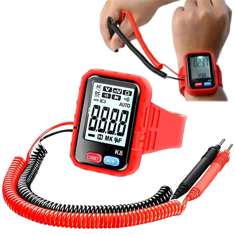 Portable wristband multimeter with backlit display and probes; All In One Digital Wristband Multimeter With Backlit Display Pro Grade Voltage And Current Tester For Resistance, Capacitance, Frequency And Duty Cycle, Continuity Testing For Electricians On The Go.