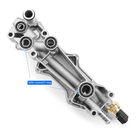 Beefed Up Aluminum Oil Filter Housing With Integrated Oil Cooler For 3.6L V6 Engines, showing side view with gasket and O-ring