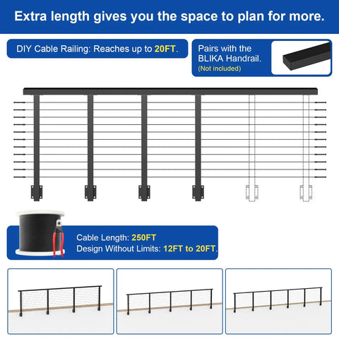 36 Inch Side Mount Cable Railing Post Kit With Fascia Deck Brackets Slick Black Swageless Stainless Steel Cable Rails with 20FT reach