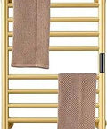 Gold Electric Towel Warmer Rack With Built In Timer And Temperature Control, 10 bar stainless steel radiator with towels hanging