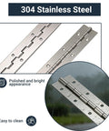 Super Solid 12 Inch Stainless Steel Piano Hinge With Pre Drilled Holes And Screw Kit Crafted From Top Shelf Grade 304 Metal For Toolboxes Cabinets And Diy Projects Hella Durable With Easy Trim To Fit Assembly And No Regrets Ever, showing polished 304 stainless steel with holes for easy installation.