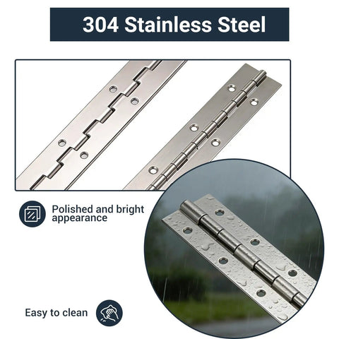 Super Solid 12 Inch Stainless Steel Piano Hinge With Pre Drilled Holes And Screw Kit Crafted From Top Shelf Grade 304 Metal For Toolboxes Cabinets And Diy Projects Hella Durable With Easy Trim To Fit Assembly And No Regrets Ever, showing polished 304 stainless steel with holes for easy installation.