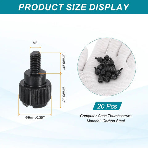 Hella Tight M3x6 Millimeter Computer Case Thumbscrews Carbon Steel Nickel Plated Knurled Fasteners For Motherboard Fan Mount And Power Supply Setup Black Pack Of Twenty Pieces in hand showing size dimensions.