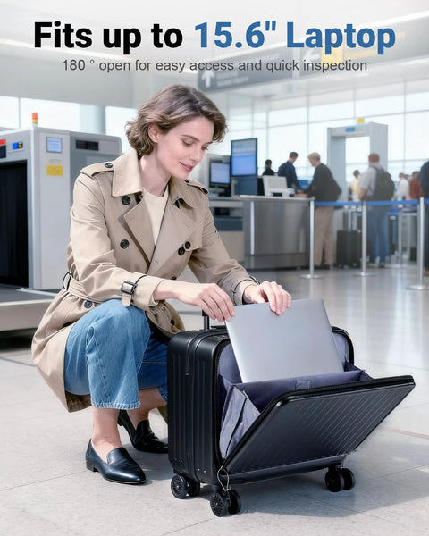 Woman placing laptop into Compact 16 Inch Carry On Luggage With Front Laptop Pocket And TSA Lock With Wheels Airline Approved Hard Shell Suitcase