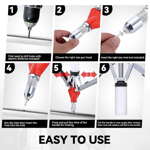 Step-by-step guide for 21 Inch Hand Rivet Nut Tool Set With 5 Guide Nozzles, Chrome Plated Stainless Steel Riveter Kit use