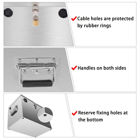 Built Like A Tank Stainless Steel Battery Box For RV Trailers And Deck Ready Boats With Locking Watertight Cover, showing cable holes and handles.