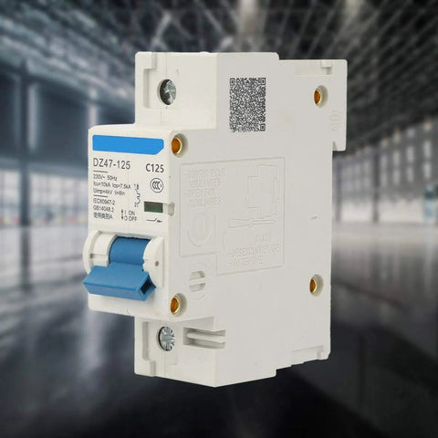 Front view of 230V 80A 100A 125A Air Circuit Breaker DZ47-125 1P Miniature Circuit Breaker in a workshop setting.